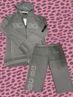 BCBG Dove Gray Bling Logo Vintage Two Piece Track Set Size M Jacket Size S Pants